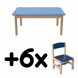 Stůl DANY, obdélník, modrá deska + 6 židliček