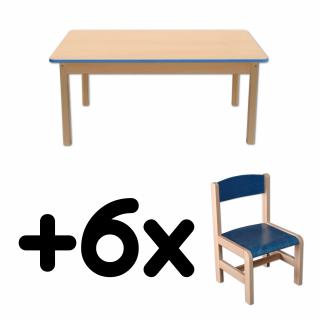 Stůl DANY, obdélník, modrá hrana + 6 židliček