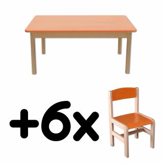 Stůl DANY, obdélník, oranžová deska + 6 židliček