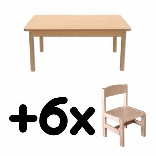 Stůl DANY, obdélník, přírodní + 6 židliček