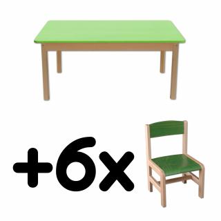 Stůl DANY, obdélník, zelená deska + 6 židliček