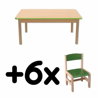 Stůl DANY, obdélník, zelená hrana + 6 židliček