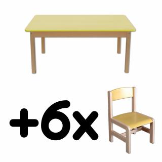 Stůl DANY, obdélník, žlutá deska + 6 židliček