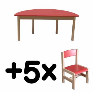 Stůl DANY, půlkruh, červená deska + 5 židliček