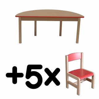 Stůl DANY, půlkruh, červená hrana + 5 židliček
