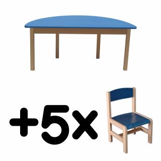 Stůl DANY, půlkruh, modrá deska + 5 židliček