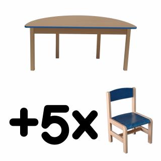Stůl DANY, půlkruh, modrá hrana + 5 židliček