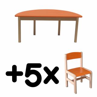 Stůl DANY, půlkruh, oranžová deska + 5 židliček