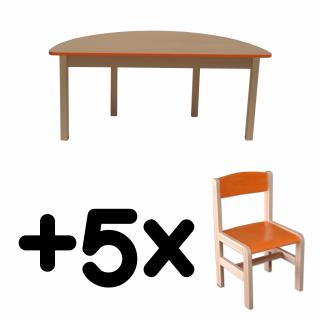 Stůl DANY, půlkruh, oranžová hrana + 5 židliček