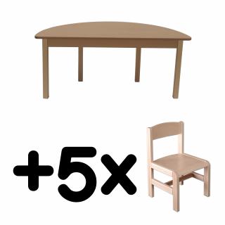 Stůl DANY, půlkruh, přírodní + 5 židliček