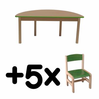 Stůl DANY, půlkruh, zelená hrana + 5 židliček