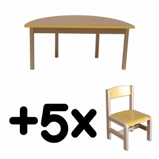 Stůl DANY, půlkruh, žlutá hrana + 5 židliček