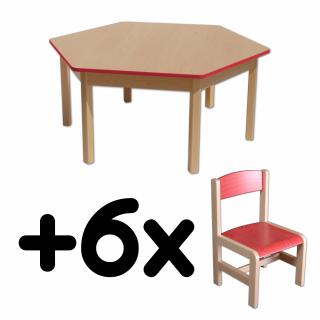 Stůl DANY, šestiúhelník, červená hrana + 6 židliček