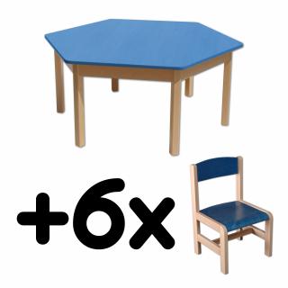 Stůl DANY, šestiúhelník, modrá deska + 6 židliček