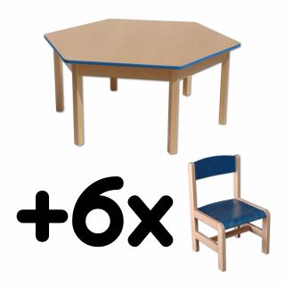 Stůl DANY, šestiúhelník, modrá hrana + 6 židliček