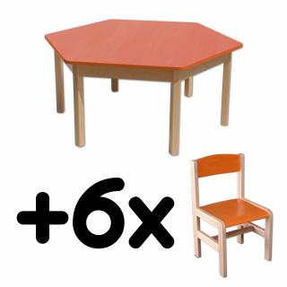 Stůl DANY, šestiúhelník, oranžová deska + 6 židliček