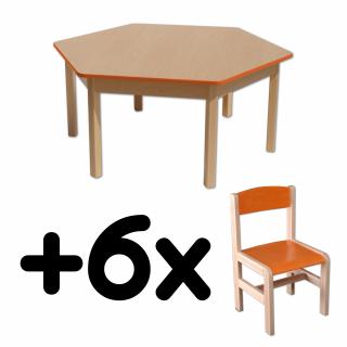Stůl DANY, šestiúhelník, oranžová hrana + 6 židliček
