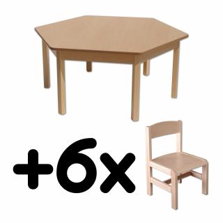 Stůl DANY, šestiúhelník, přírodní + 6 židliček