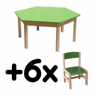 Stůl DANY, šestiúhelník, zelená deska + 6 židliček