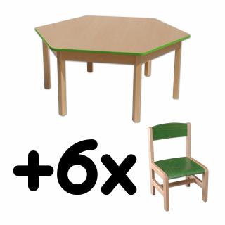 Stůl DANY, šestiúhelník, zelená hrana + 6 židliček