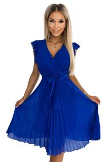 Numoco 374-4 POLINA Plisované šaty s výstřihem a volány - modré L