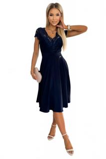 Numoco 381-4 LINDA - šifonové šaty s krajkovým výstřihem - Tmavě modrá M