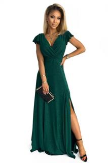 Numoco 411-1 CRYSTAL třpytivé dlouhé šaty s výstřihem - zelené L (L)