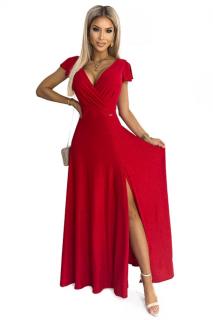 Numoco 411-2 CRYSTAL třpytivé dlouhé šaty s výstřihem - červené M