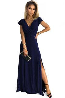 Numoco 411-3 CRYSTAL třpytivé dlouhé šaty s výstřihem - tmavě modré  3XL