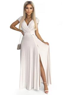 Numoco 411-4 CRYSTAL třpytivé dlouhé šaty s výstřihem - béžové L