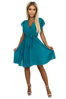 Numoco 424-1 Šifonové řasené šaty s výstřihem a volány - barva moře UNI
