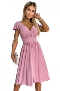 Numoco 425-2 MATILDE Šaty s výstřihem a krátkým rukávem - pudrově růžová se třpytkami XL
