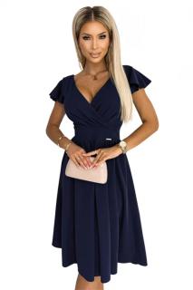 Numoco 425-3 MATILDE Šaty s výstřihem a krátkým rukávem - tmavě modrá L