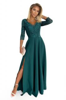 Numoco Amber krajkové dlouhé šaty s výstřihem a rozparkem 309-5 zelená L