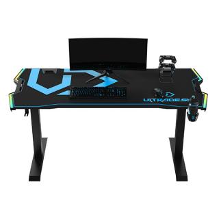 ULTRADESK Herní stůl FORCE - modrý, 166x70 cm, 76.5 cm, s XXL podložkou pod myš, držák sluchátek i nápojů, RGB podsvícení