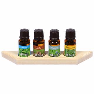 Esenciální olej do sauny (4x 15 ml) v dřevěné poličce
