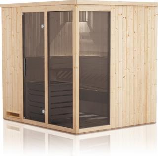 Interiérová sauna čtvercová FAMILY 1,9 x 1,9 m, smrk Stupeň prosklení: Dveře a 2 panookna