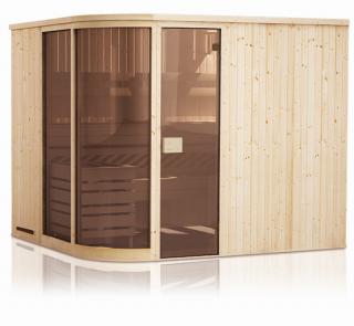 Interiérová sauna rohová kulatá FAMILY 2,4 x 1,9 m, smrk