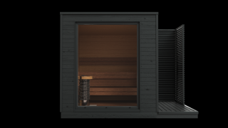 Izolovaná sauna KUUT M Premium 2,2x2,2 m s terasou, 169 mm, smrk.