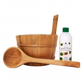Praktický set do sauny: dřevěné vědro s vložkou + naběračka + aroma