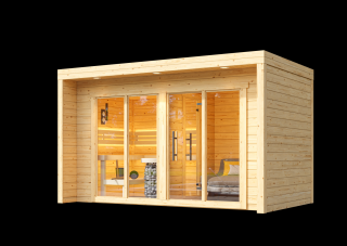 Venkovní finská sauna Cubic L 2,4x4m, 2 místnosti, 40 mm, smrk Sauna: Rozložená v balíku na vlastní montáž