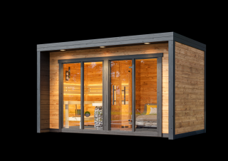 Venkovní finská sauna Cubic L 2,4x4m, 2 místnosti, 40 mm, thermowood Sauna: Montáž na místě u klienta včetně dopravy