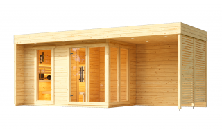 Venkovní finská sauna Cubic L plus 2,5x6m, terasa, 40 mm, smrk Sauna: Rozložená v balíku na vlastní montáž