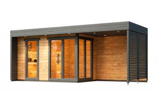Venkovní finská sauna Cubic L plus 2,5x6m, terasa, 40 mm, thermowood. Sauna: Rozložená v balíku na vlastní montáž