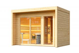 Venkovní finská sauna Cubic M 2,4x3,4m, 40 mm, smrk Sauna: Rozložená v balíku na vlastní montáž