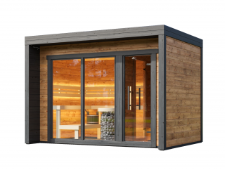 Venkovní finská sauna Cubic M 2,4x3,4m, 40 mm, thermowood Sauna: Rozložená v balíku na vlastní montáž