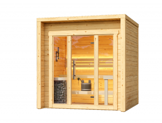 Venkovní finská sauna Cubic XS 2,2x2,4m, 40 mm, smrk. IHNED K DODÁNÍ! Sauna: Rozložená v balíku na vlastní montáž