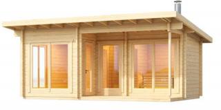 Venkovní finská sauna Hagen, 3 místnosti a terasa, 5,7x3,5m, tl 40mm Sauna: Rozložená v balíku na vlastní montáž