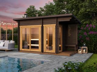Venkovní finská sauna s předsíní Hilden M 2x4m, tl 40mm. IHNED K DODÁNÍ Sauna: Rozložená v balíku na vlastní montáž