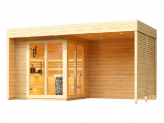 Venkovní sauna Cubic S plus 2,4x4,7m, terasa, 40 mm, smrk Sauna: Montáž na místě u klienta včetně dopravy
